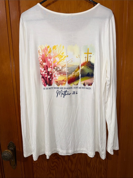 white birch Tops - white birch White Long-Sleeve Tee with Sunrise Landscape and Cross Graphic